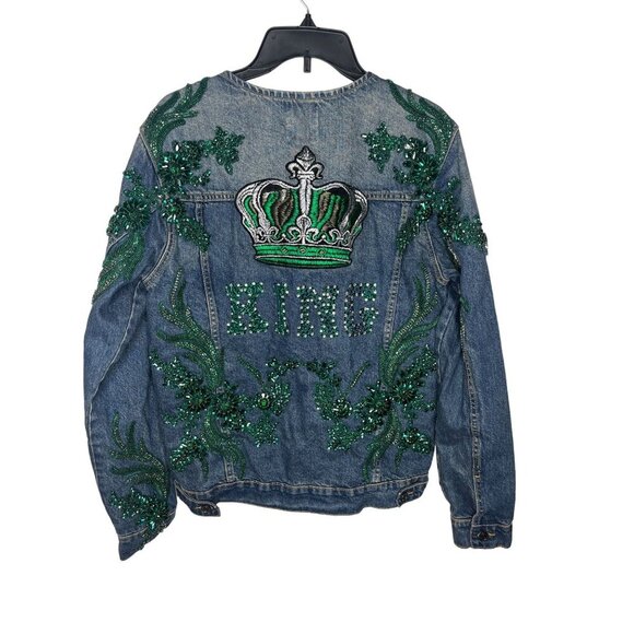 BoohooMAN Men's Embellished King Denim Jacket S Blue & Green Beaded Embroidery S - Picture 2 of 8